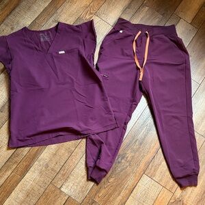Figs Purple Scrub Set with Orange Drawstring flutter sleeve top
